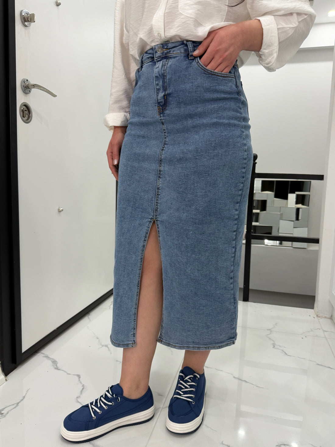 YIRTMAÇ DETAYLI DENİM KOT ETEK