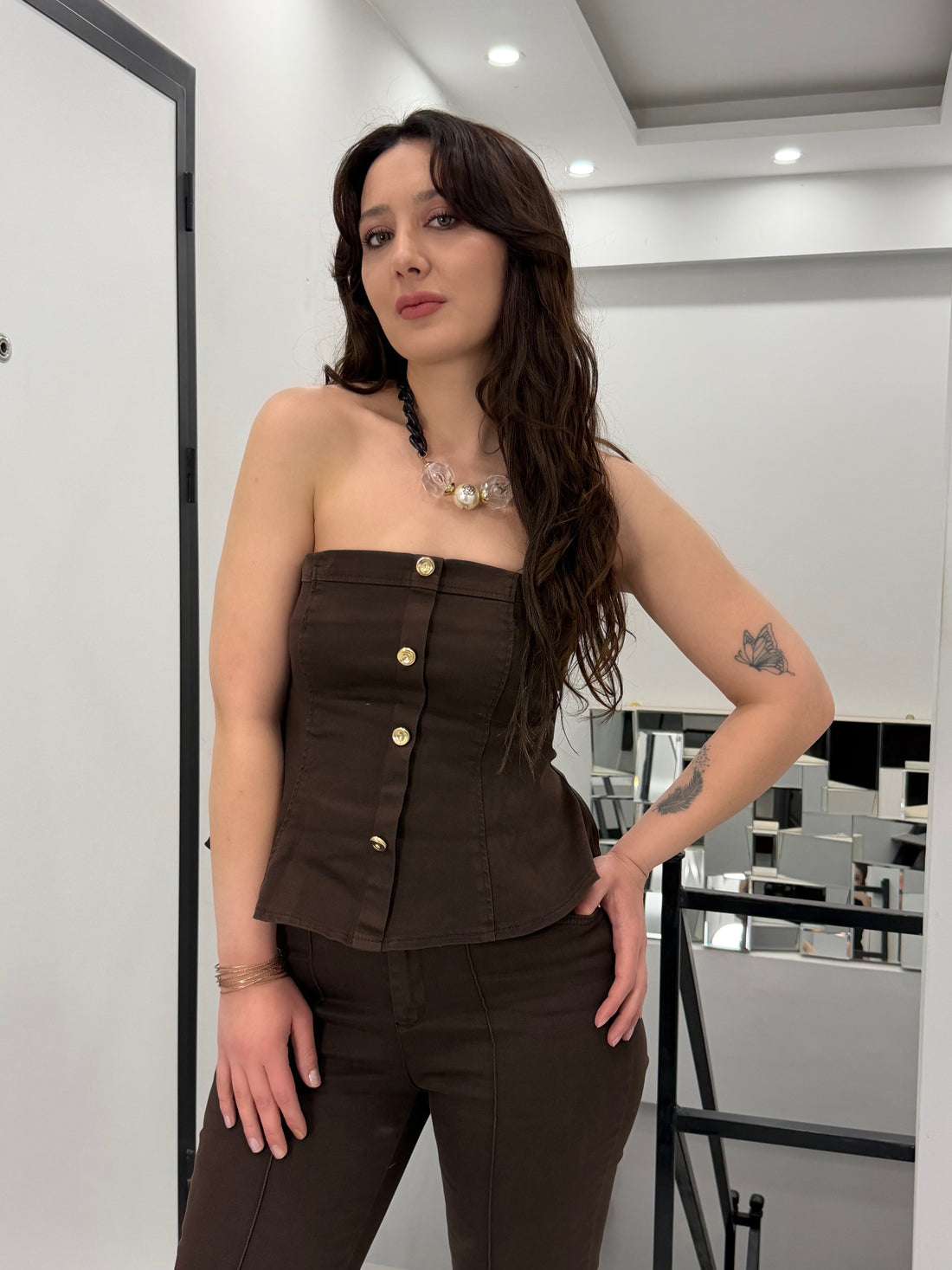 KAHVE DENİM STRAPLEZ TAKIM