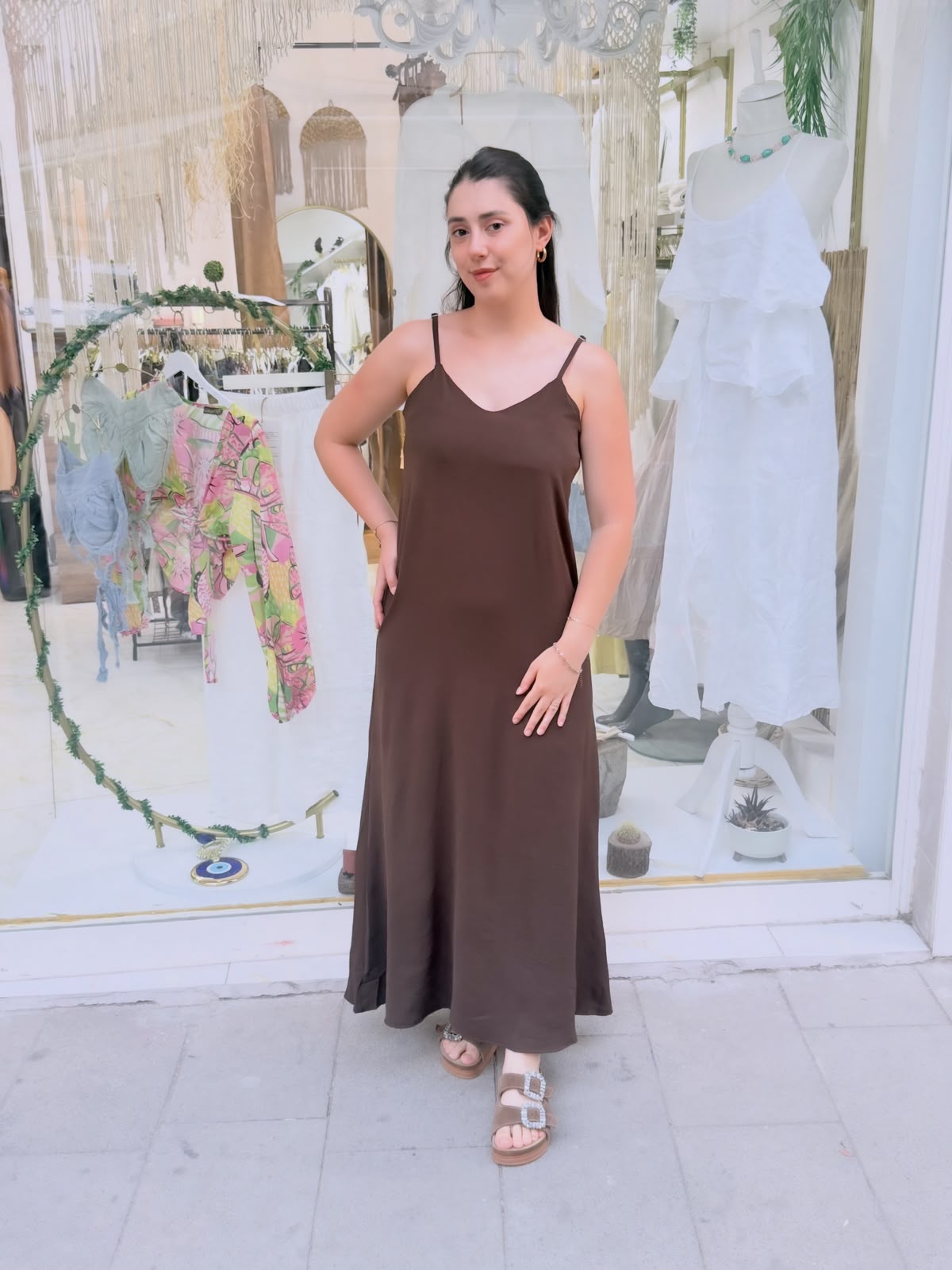 Ayrobin Kumaş İnce Askılı Uzun Elbise