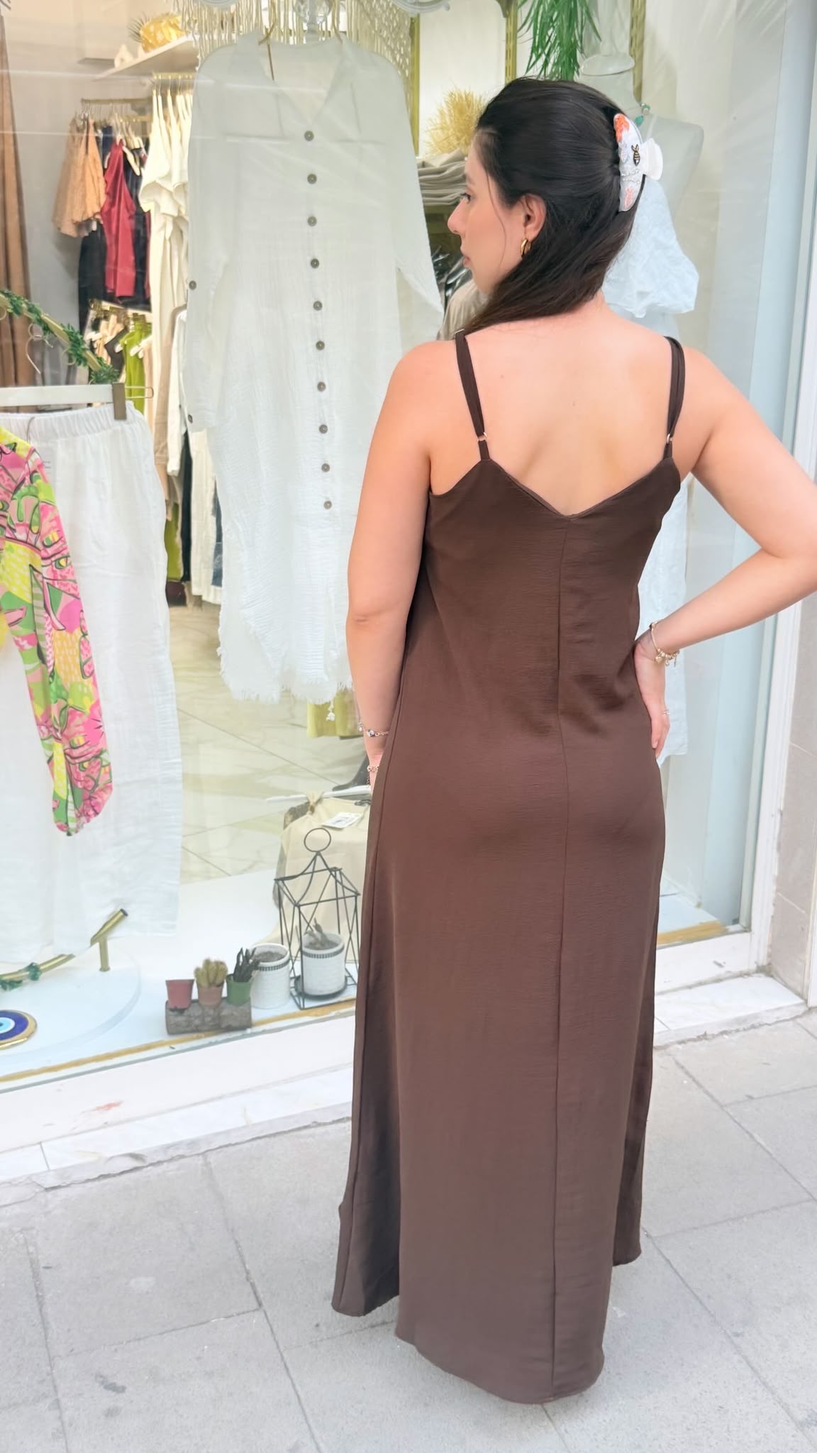 Ayrobin Kumaş İnce Askılı Uzun Elbise