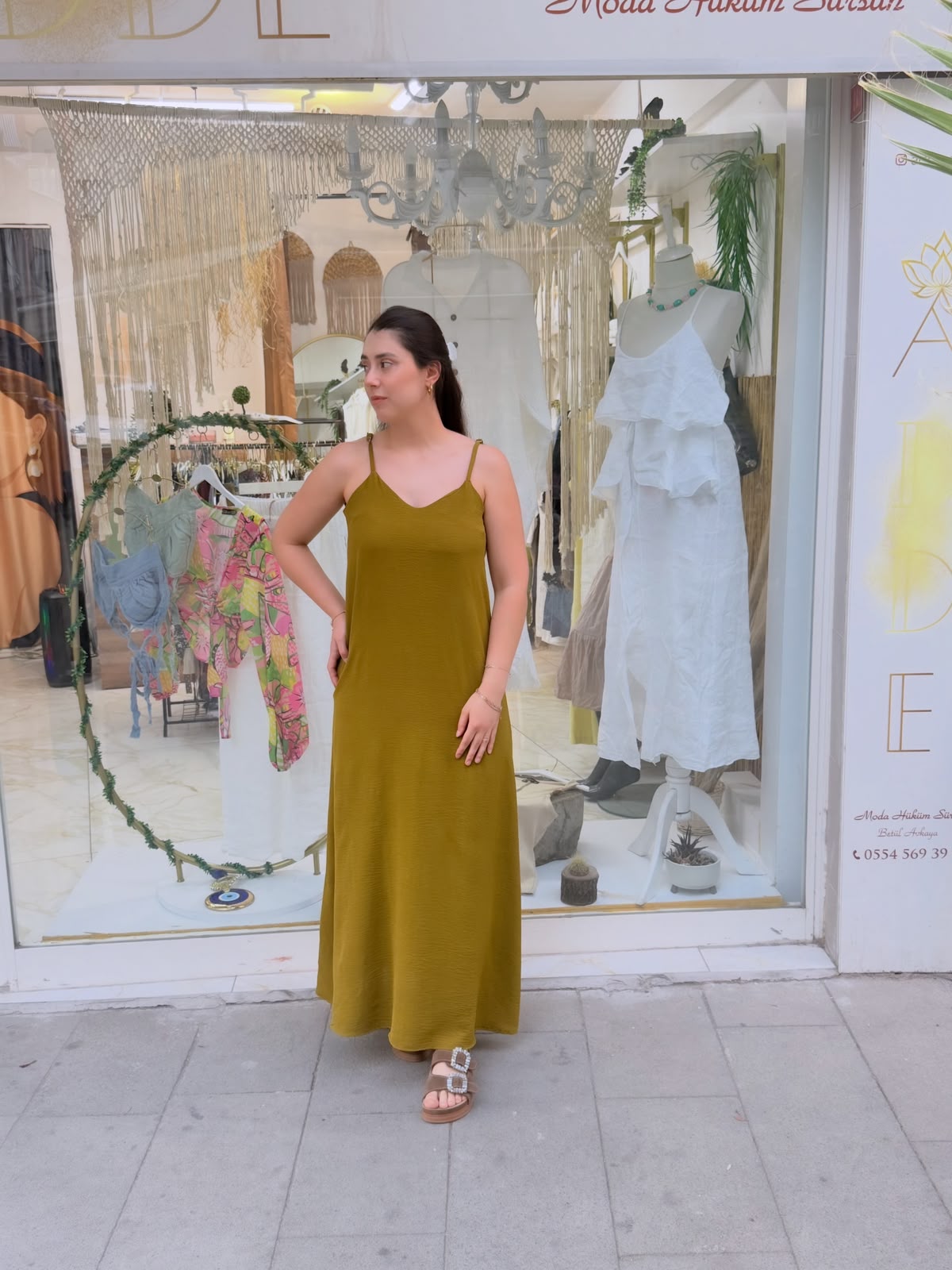 Ayrobin Kumaş İnce Askılı Uzun Elbise