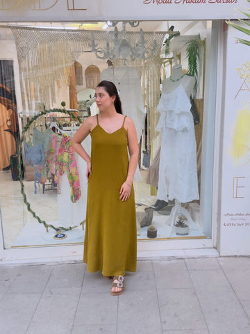 Ayrobin Kumaş İnce Askılı Uzun Elbise